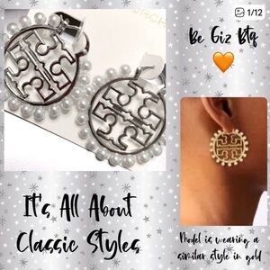 🆕 NWOT Tory Burch Authentic Silver Miller Wire Hoop Pearl Logo Earrings